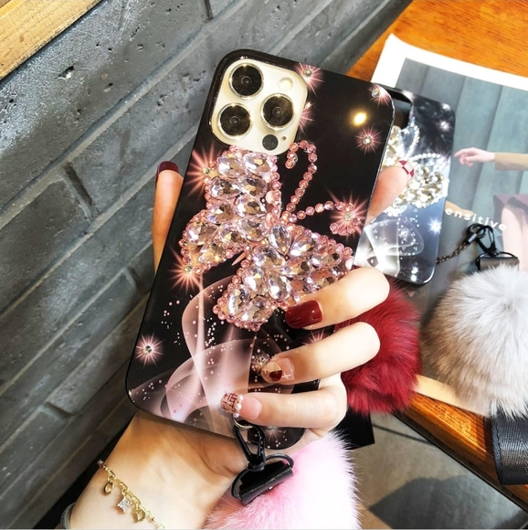 iPhone 13 ProMax Girly 3D Rhinestone Bling Butterfly & Fuzzy Ball Phone Case - Picture 3 of 6